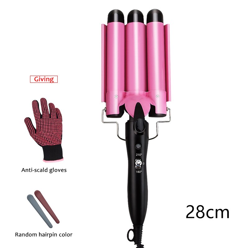 Ferro arricciacapelli in ceramica professionale triplo barilotto bigodino di capelli rotolo di uova strumenti per lo messa in piega dei capelli Styler bacchetta bigodino ferri: colore rosa 28mm