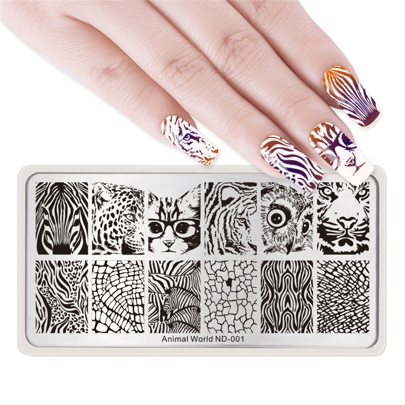 Nicole Dagboek 5 Pcs Stempelplaten Nail Animal World Series Kat Uil Tijger Rechthoek Nail Art Image Plates