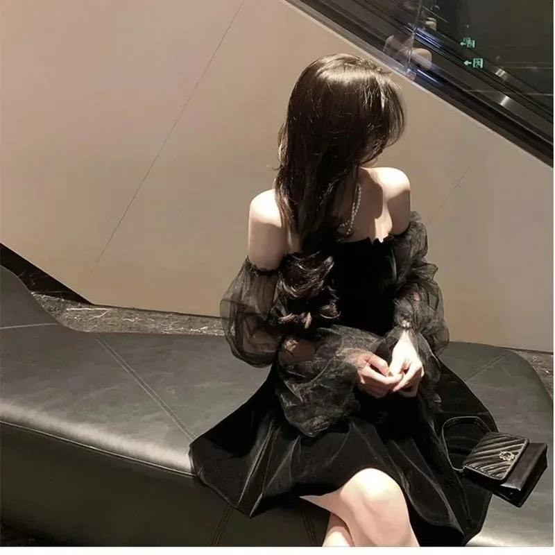 Black Retro Dress Women Lace Chiffon Mini Dress Female High Street Sexy Korean Women Club Dress