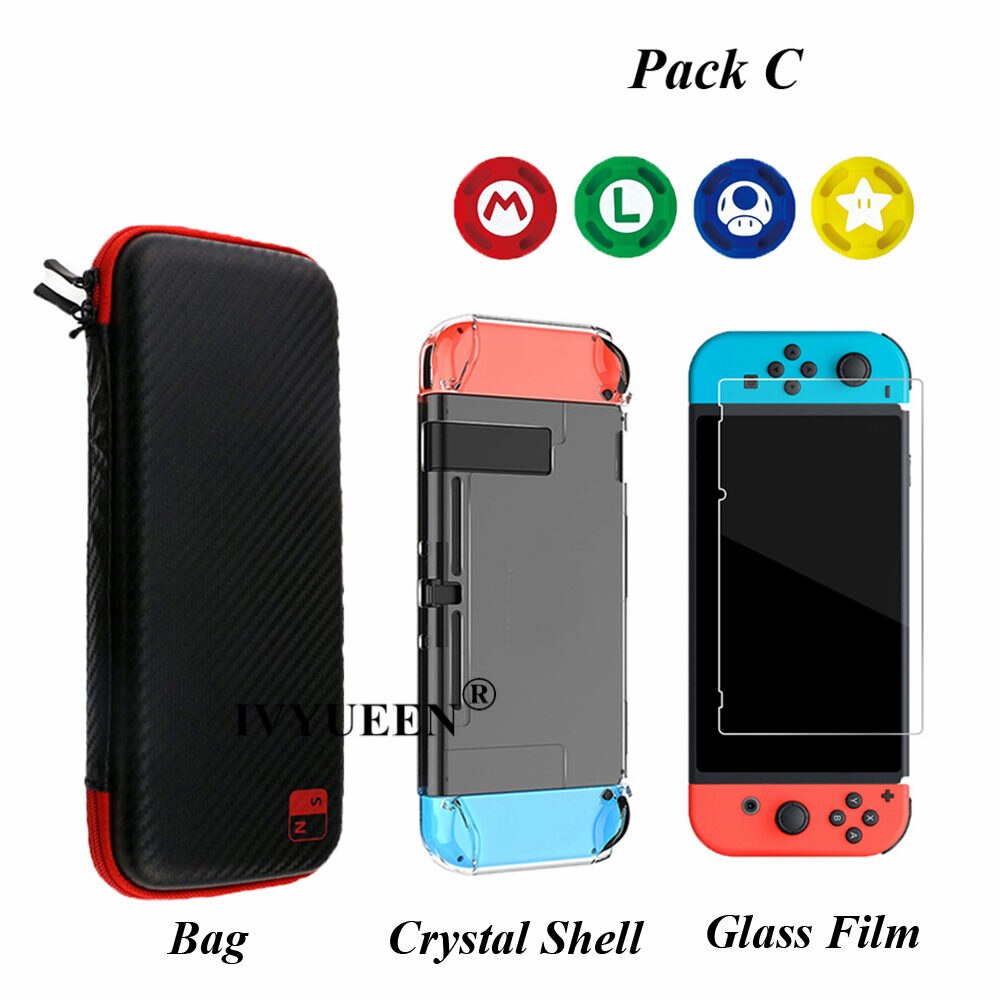 IVYUEEN para la consola Nintendo Switch NS bolsa de almacenaje de transporte protector de pantalla de vidrio templado Shell + funda de silicona para Joy-Con: Pack C