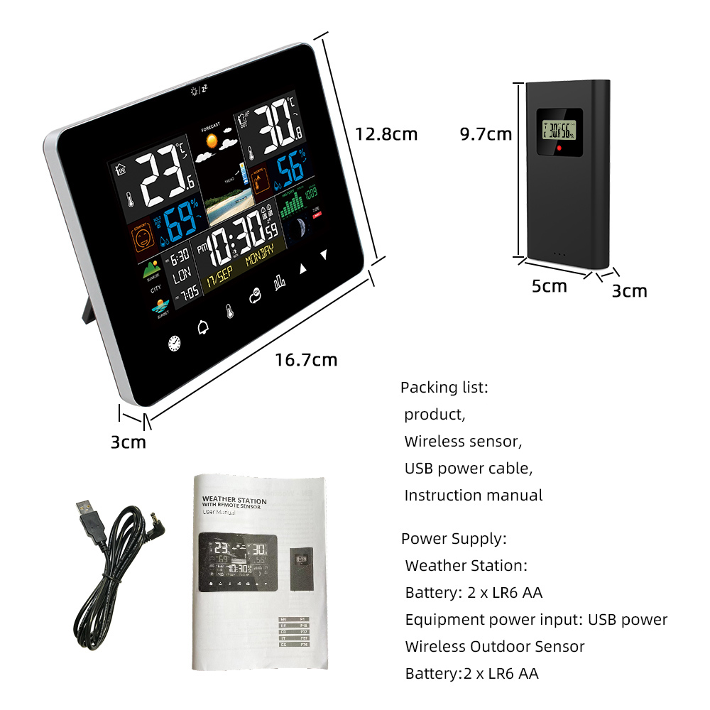 Multifunctioneel weerstation Wekker Touchscreen Thermometer Hygrometer Draadloze sensor Zonsopgang Zonsondergang Hygrothermograaf: Goud