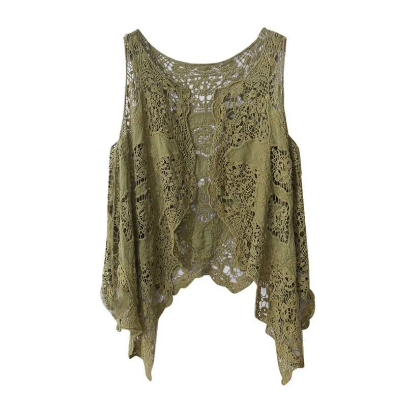 Mulheres sem mangas frente aberta cardigan boho oco crochê renda drape assimétrico bainha hippie xale colete de cor sólida: Coral Vermelho