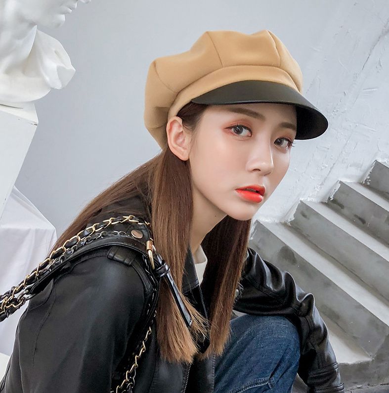 Boina de tela de lana de color sólido con retazos gorra octogonal artista gorro primavera Otoño Invierno boina para mujer: kahki