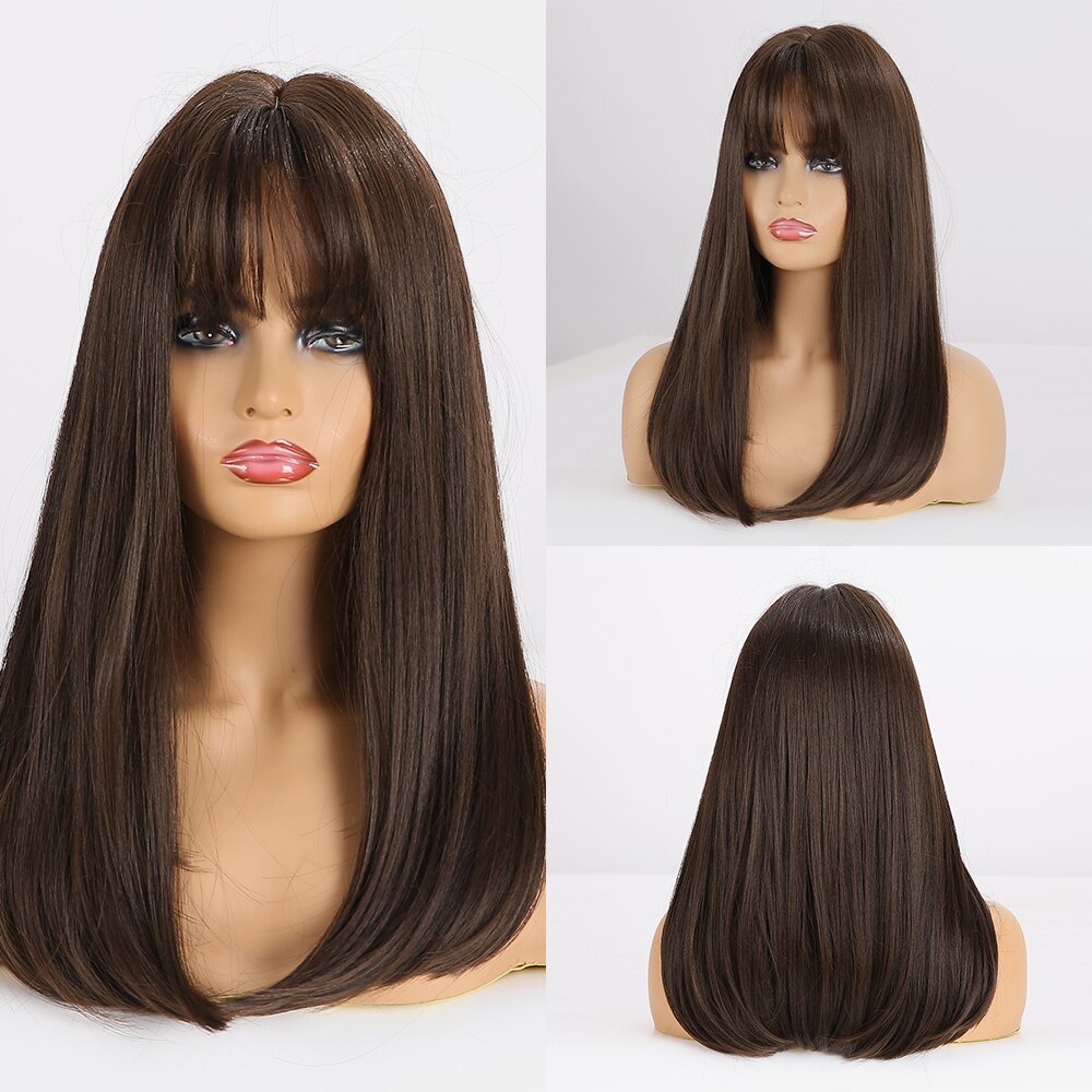 Easihair Medium Lengte Donkerbruin Rechte Synthetische Pruiken Met Pony Voor Vrouwen Bob Pruik Hittebestendige Cosplay Party Pruik Dark pruik: LC167-5