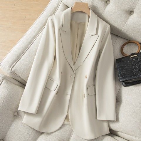 Chaqueta holgada de estilo coreano para mujer, Blazer de manga larga con doble botonadura, color Beige, 2022: Blanco cremoso / XXL wears 66-70KG