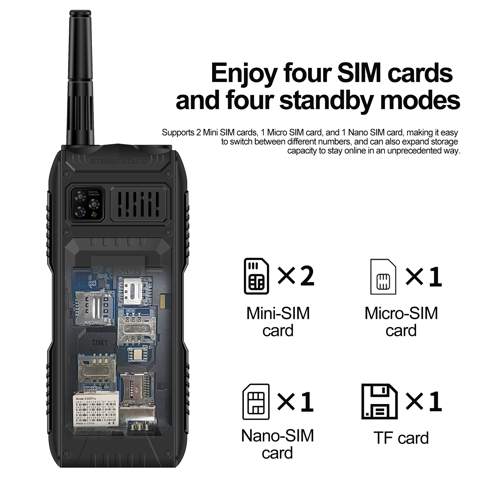 SERVO S555 PRO 2G GSM Multi-functie mobiele telefoon 4 simkaart Gespreksopname Blacklist Zaklamp 2,4 "scherm Mobiele telefoon FM-radio