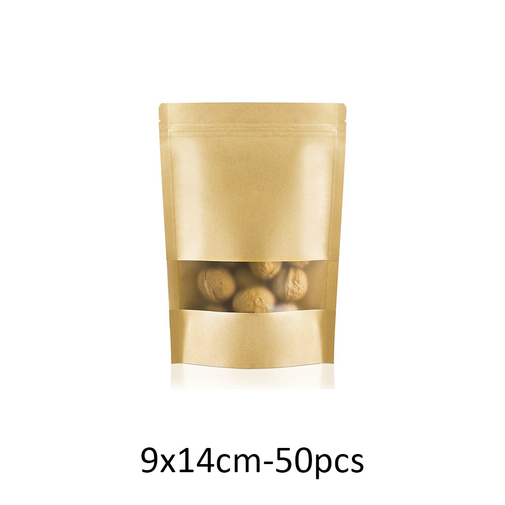 50pcs/lot Zipper lock Self Sealing Kraft Paper Bag Stand up Dried Food Fruit Tea Packaging Bags Moisture-proof With Window: Type-A