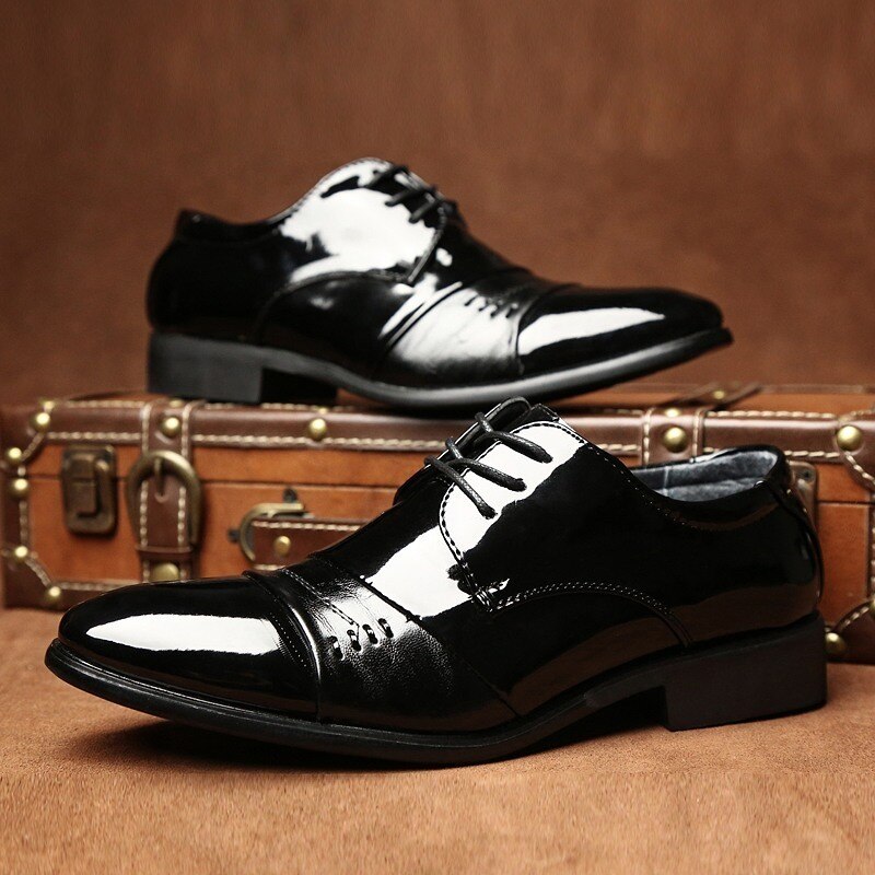 Spissetåkjole kontorsko for menn blankt lakkert skinn svarte bryllupssko oxford formelle sko herredresser forretningsleiligheter