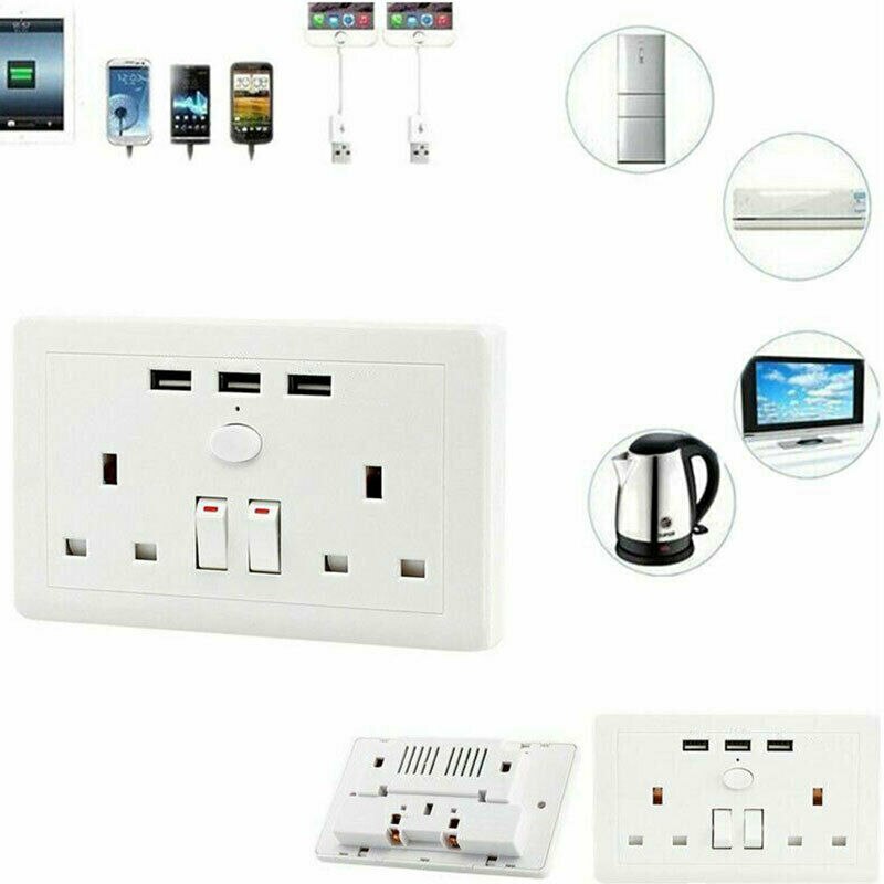 Double Wall Socket 2 Gang Plug 13A with 3 USB Port Charger Outlets White Plate