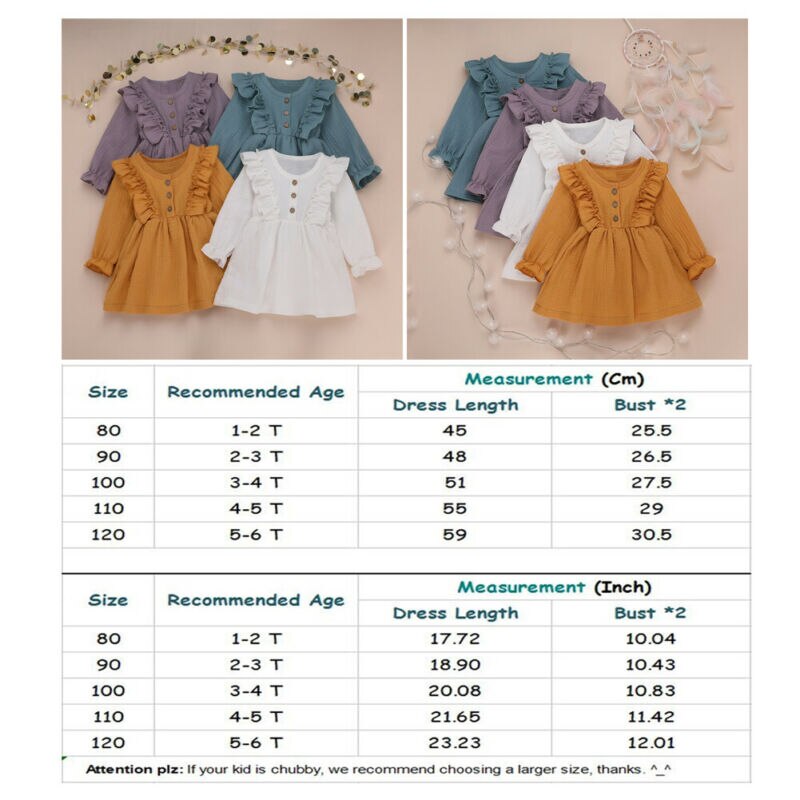 1-6 Years Kids Baby Girl Autumn Dress Ruffles Long Sleeve Solid Party Dresses For Girls Slim Waist Dress Girls Clothes