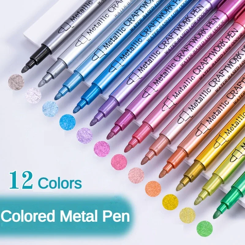 Rotulador metálico de 12 colores, marcador de arte permanente colorido, destacados para pintura, manualidades, suministros de arte para álbum de recortes, papelería