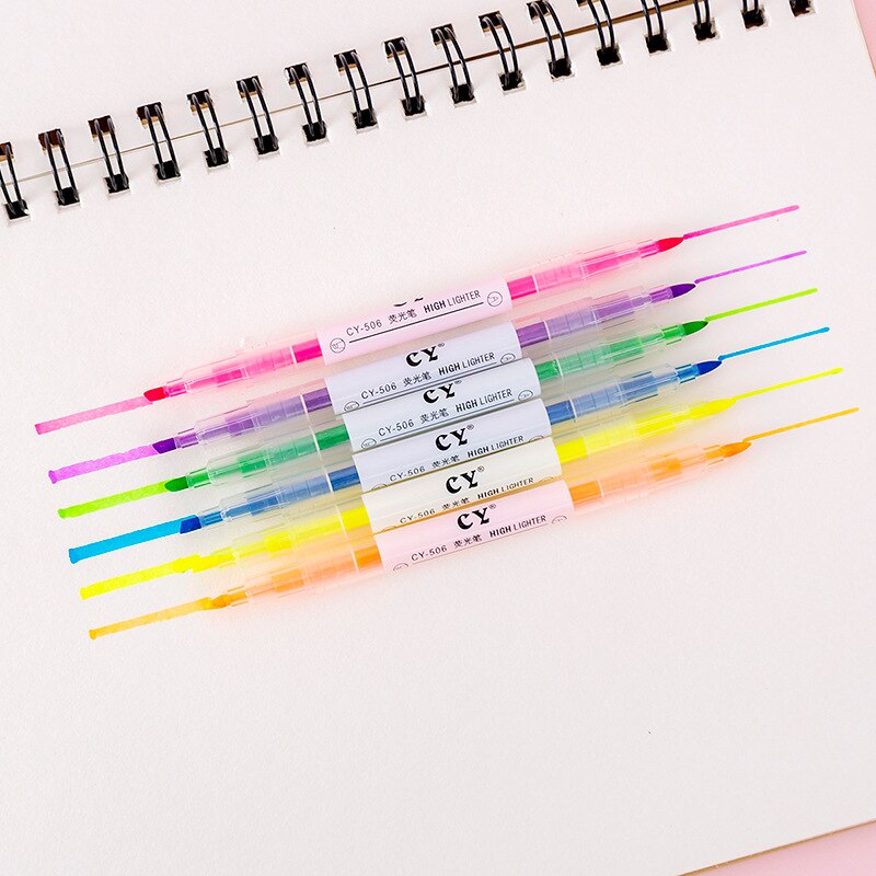 6 stk/parti slik farve dobbelt hoved highlighter sød tegnet tusch skrivepapir skoleartikler