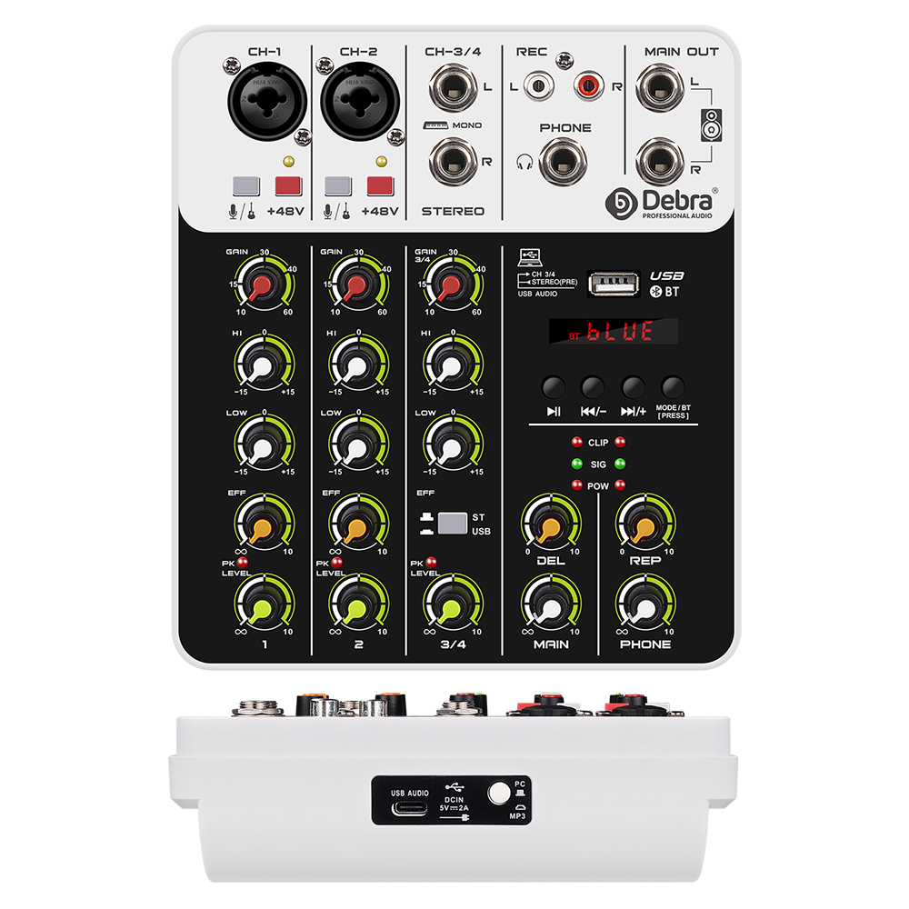 Debra Audio Mixer V8 DJ Audio Interface Mixing Console Bluetooth Record PC 48V Phantom Power Delay Repaeat Effect: WHITE