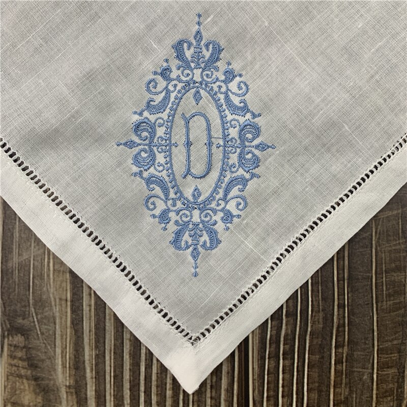 12 Pcs Monogram Zakdoeken Wit Pure Ramee Stof Zakdoeken Hemstitched Grens/Plain Klassieke 13X13-Inch: Letter D Lake Blue