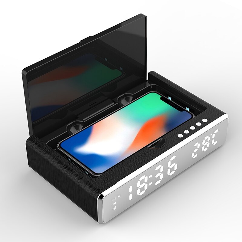 Multifunction LED Digital Thermometer Alarm Clock HD Mirror Clock for Mobile Phone Wireless Charger UV Disinfection