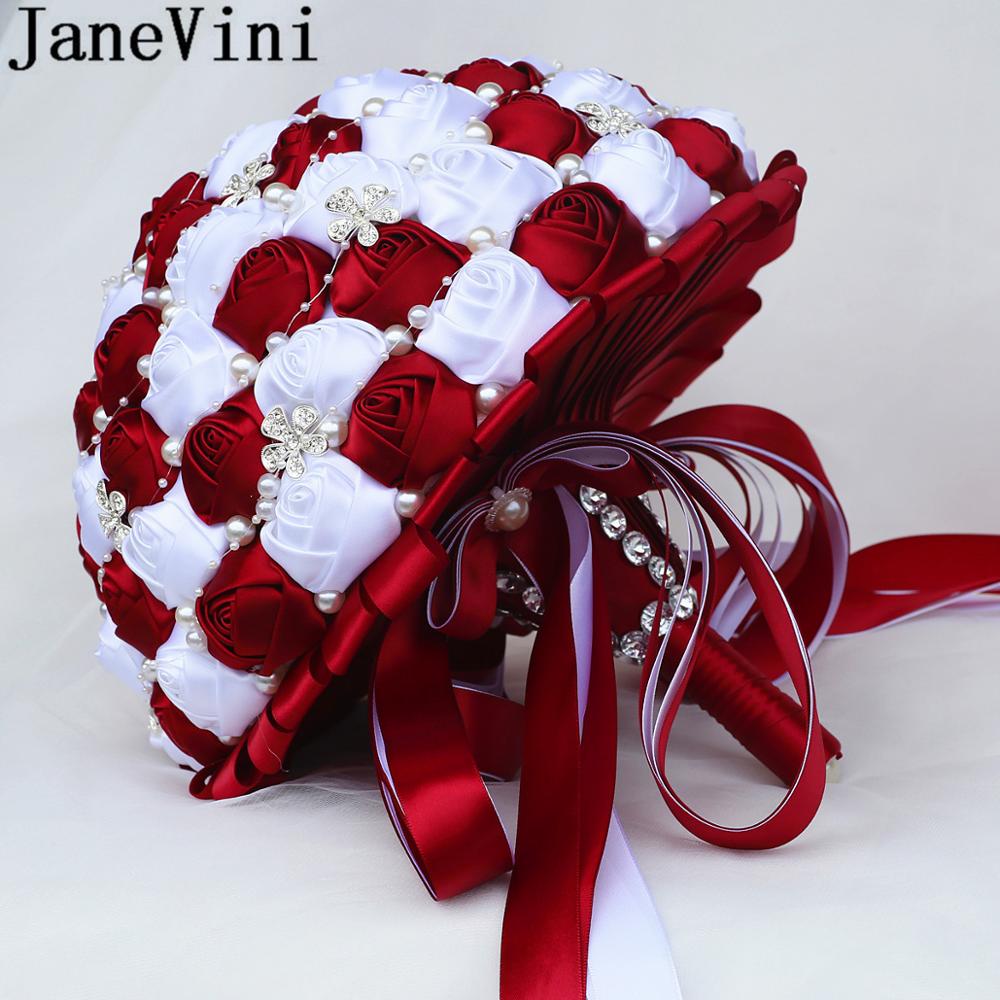 JaneVini-Ramos de boda grandes de 30CM, flores rojas oscuras, nupciales, lujosos, perlas de cristal, cuentas de diamantes de imitación, rosa de novia