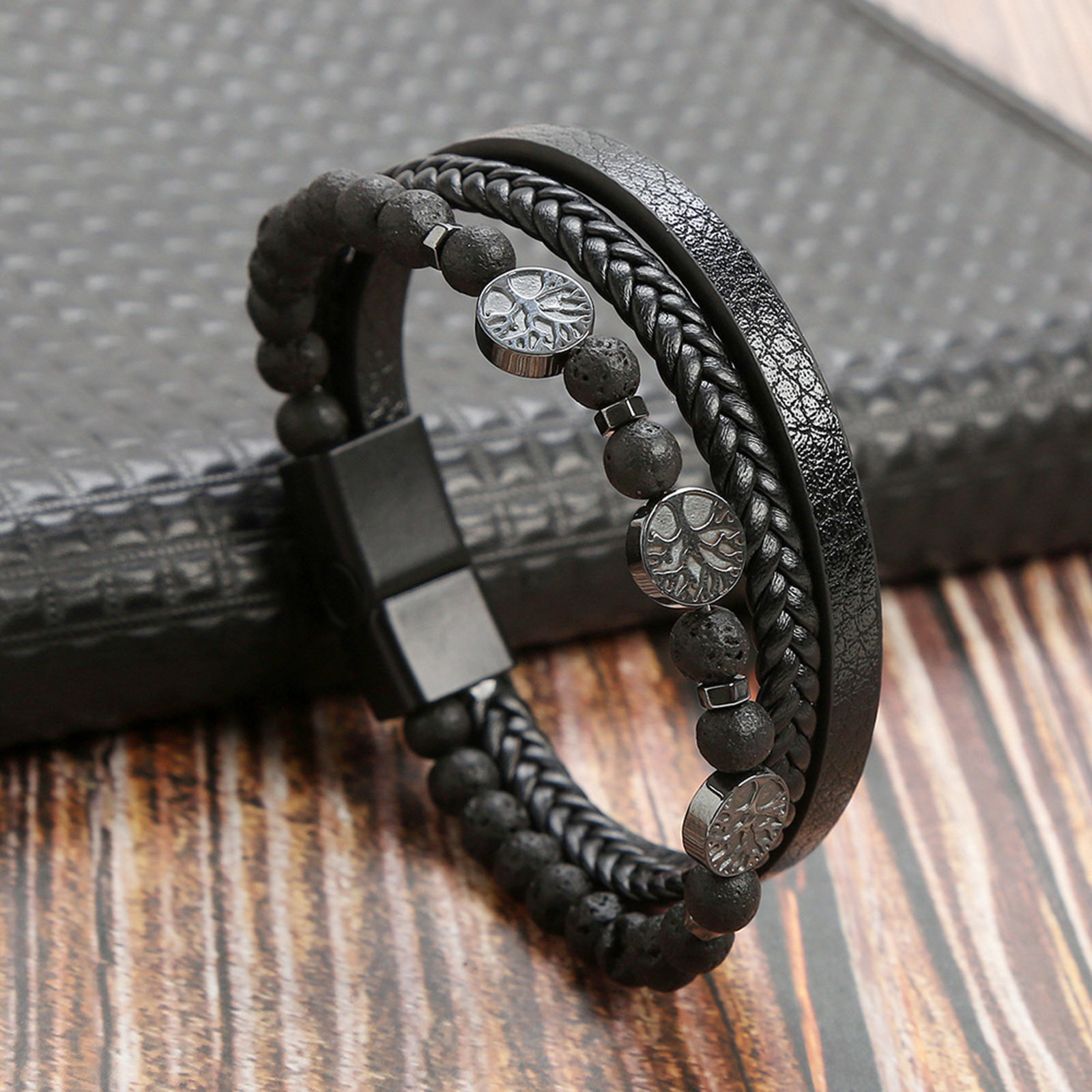 Vnox Retro Tree Of Life Armbanden Voor Mannen Vader Vader Bff, Zwart Gevlochten Leren Touwketting Multi-Lagen Polsband Cadeau Sieraden