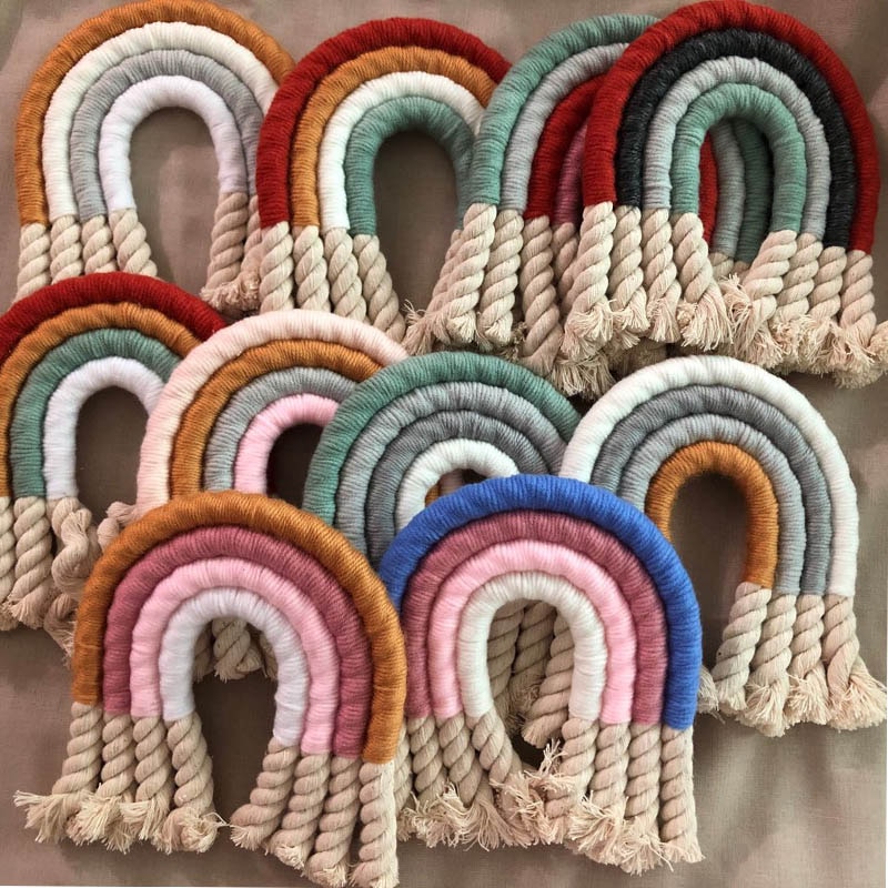 4 lager macrame regnbåge väggdekor för sovrum barnkammare baby barn rum färgglada gobeläng rep vävd tofs vägghängande leksaker