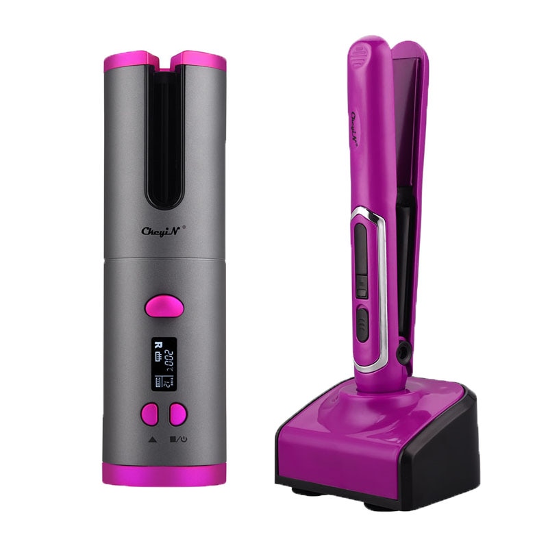 Rolo de ondulação do cabelo sem fio automático curler mini recarregável ferro liso profissional cerâmica alisador cabelo styler: 1 Set