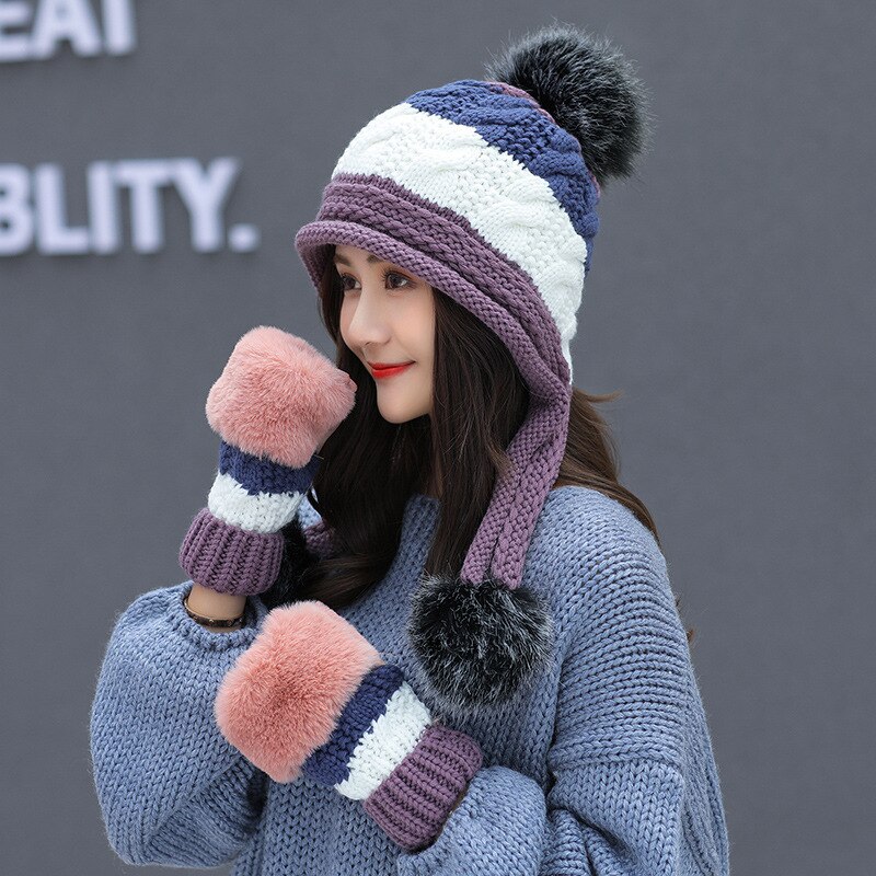 Chapéu feminino e luvas conjunto para mulher chapéu de inverno de lã kitted chapéus para mulher chapéu conjunto de luvas gorro acessórios de inverno