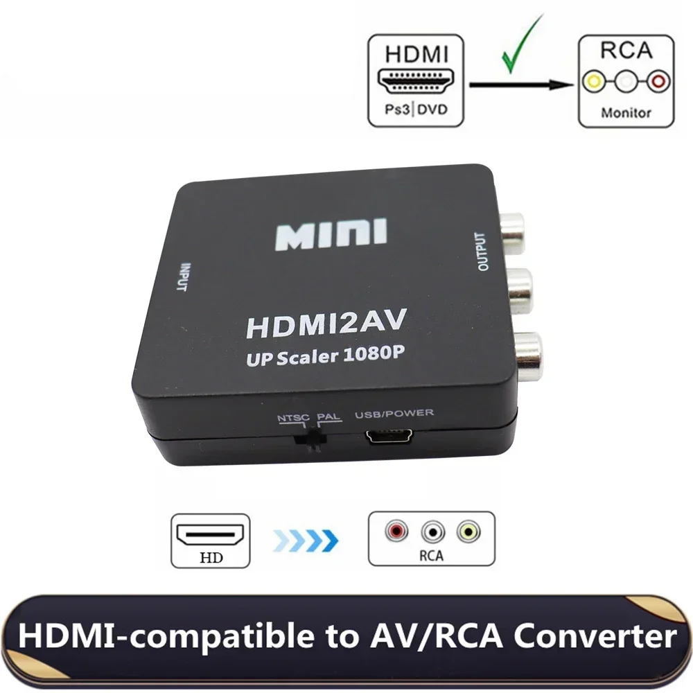 Mini HDMI compatível com RCA AV e CVBS vídeo composto, conversor adaptador, HDMI2AV para TV, VHS, VCR, DVD, venda quente