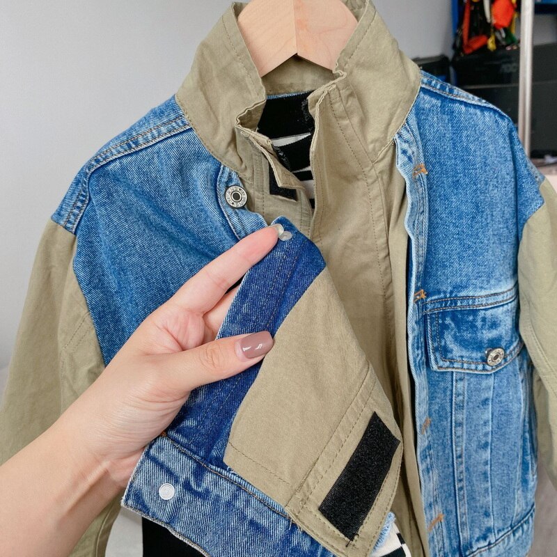 2021 vendita calda autunno bambini ragazzi ragazze cappotto patchwork maniche lunghe falso due giacche bambini Denim capispalla stile Casual E425: 120cm 5Y