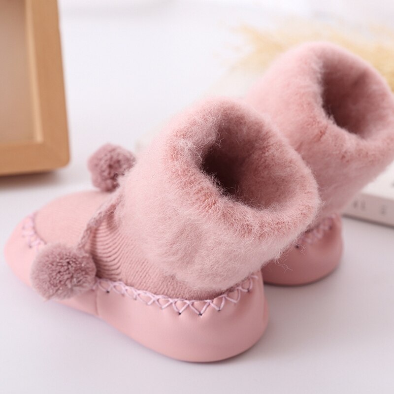 Winter Thicken Baby Socks Cute Pompom Balls Boys Girls Soft Rubber Soles Anti-Slip Children Floor Socks Toddler Shoes