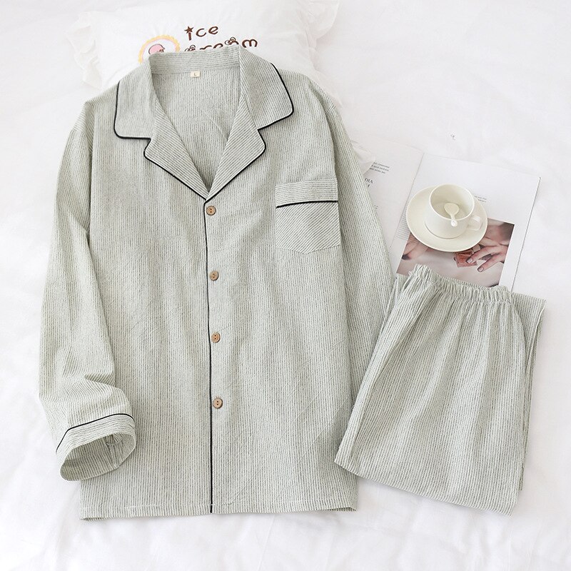 Nowa bawełniana i lniana męska pled koszula nocna z długim rękawem skręcić w dół kołnierz grzywny dorywczo mężczyzn bielizna nocna ekologiczny materiał zestaw piżamy: zielony thin strips / XL