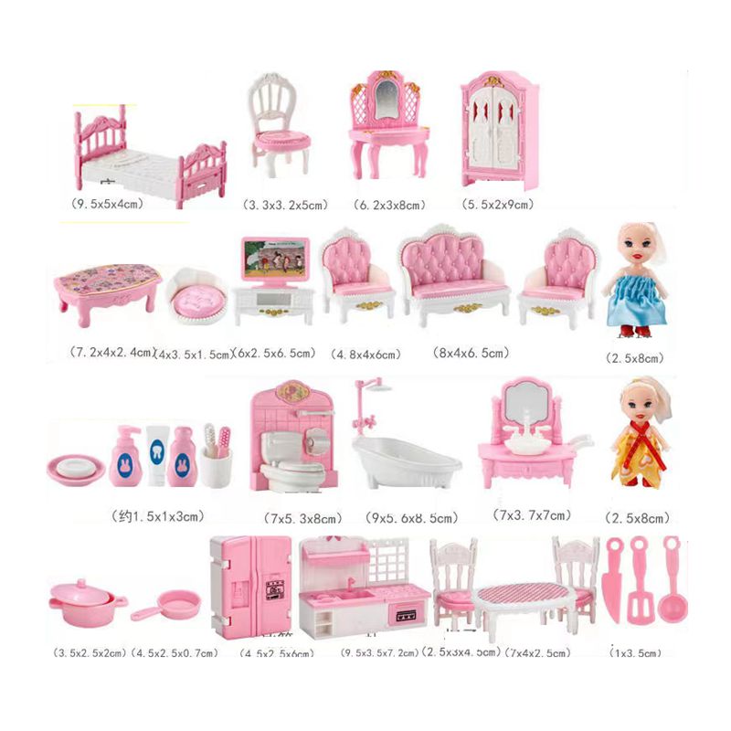 33 Items/lot Leuke Roze Miniatuur Poppenhuis Meubels Accessoires Kinderen Speelgoed Badkamer Slaapkamer Keuken Koken Dingen Voor 1/12 Pop