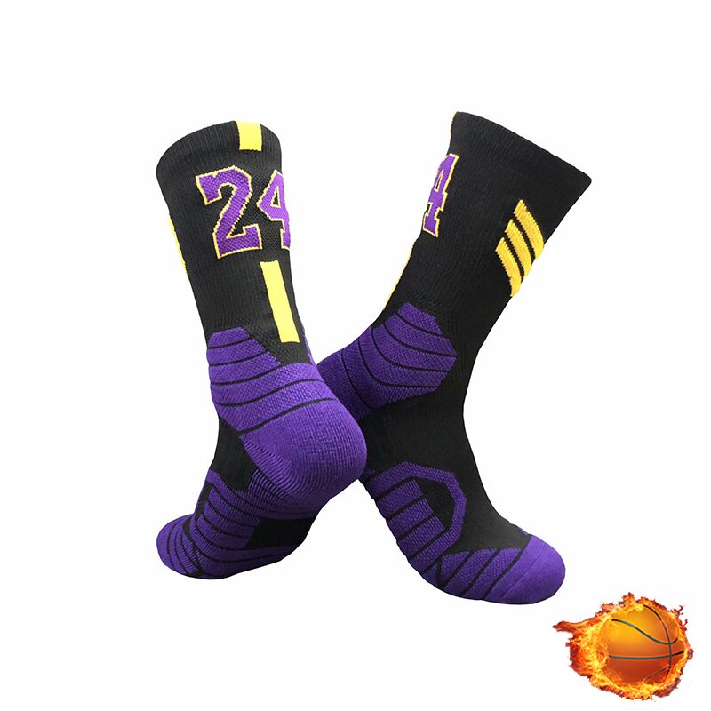 QIWN Super Star number Basketball Socks Sports Training Socks Non-slip Skateboard Durable Towel Bottom Socks: NO.24-Black