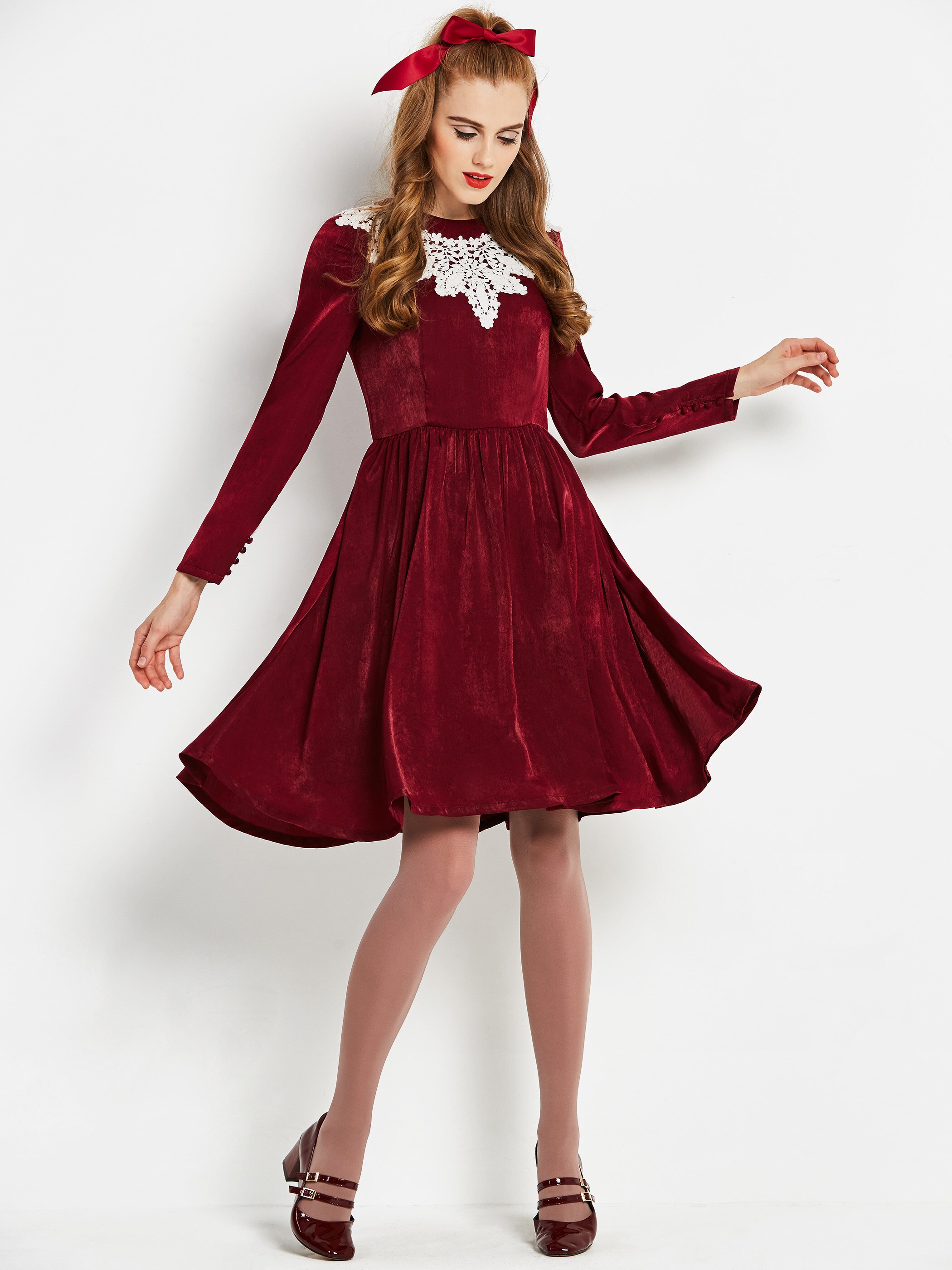 Vestidos por debajo de la rodilla elegantes para Casual Vintage dulce primavera Oficina para mujer Aline Zipper femenina Retro vestido Borgoña