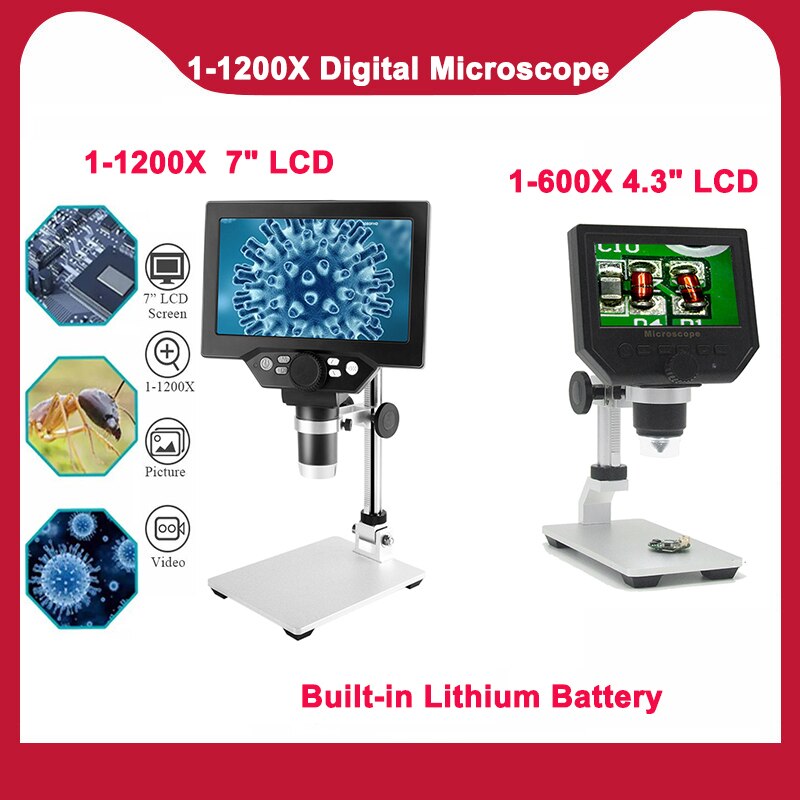 Zoom 1-1200X Digital Microscope Electronic Video Microscopes HD 7"4.3"LCDMetal Stand Soldering microscope phone Repair Magnifier