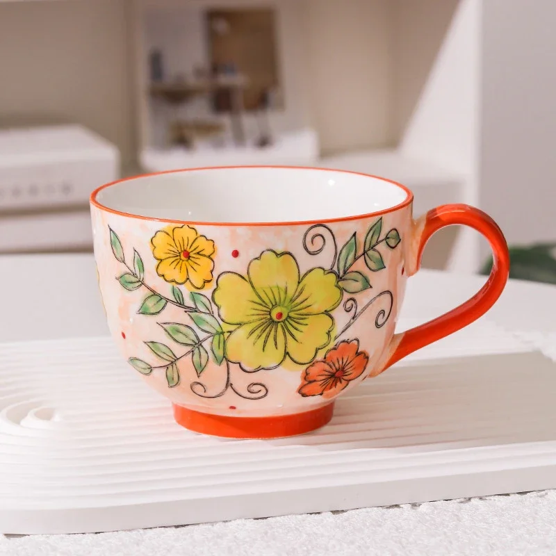 Tasse en céramique de 500ml, bol de petit déjeuner glyptique fait à la main, tasse d'eau de grande capacité pour le bureau, tasse à café en porcelaine pour le thé de l'après-midi: Black