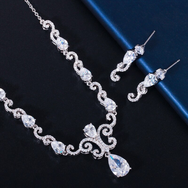 Pera Jahrgang Silber Farbe Zirkonia aufbringen Wasser Tropfen Frauen Hochzeit Halskette Ohrringe königlich Blau CZ Schmuck einstellen J352