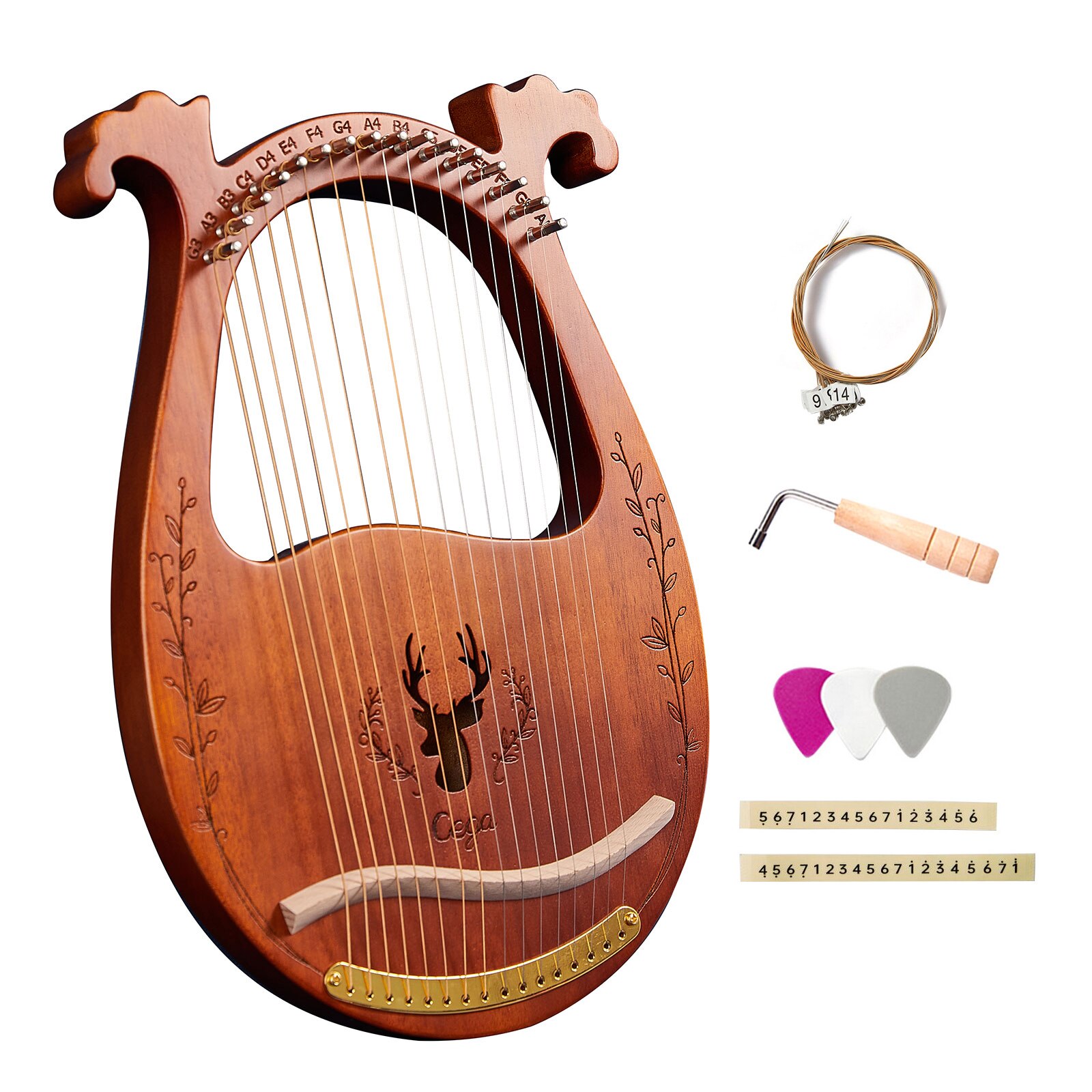 Caja de arpa de Lira de madera de 19 cuerdas, instrumento de cuerda con llave de afinación, 3 uds., púas, instrumentos de cuerda: Coffee 02