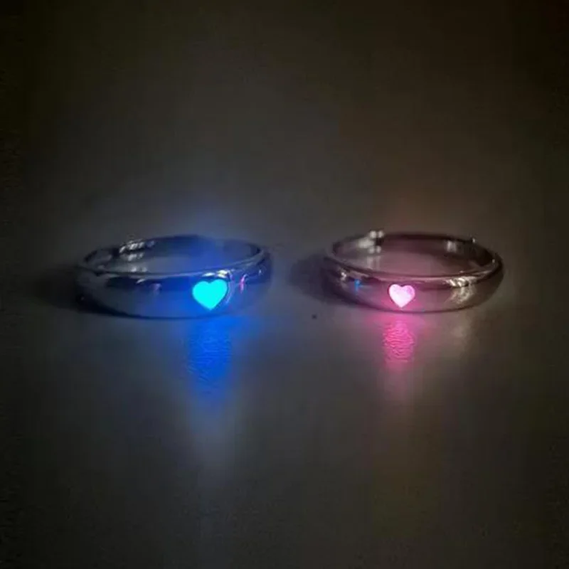 Glow In Dark Ring Lichtgevend Blauw Roze Licht Liefde Hart Ring Koppels Meisjes Zilver Kleur Sieraden Maat Verstelbaar Mode Ringen