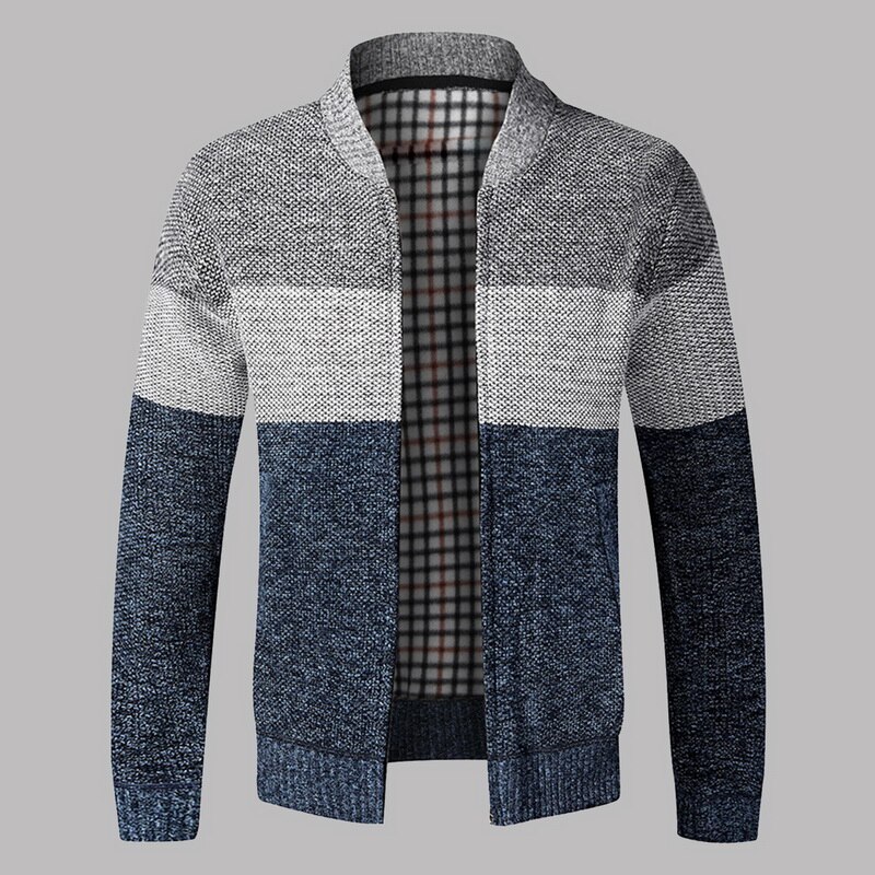 Men Patchwork Wool Cardigan Autumn Winter Sweater Jumper Men Winter Striped Pocket Knitted Outwear Coat Men Sweatercoats