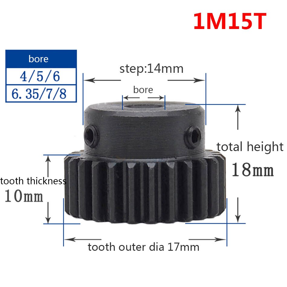 1/2/5/10/20PCS 1M 15T Spur Gear Pinion Bore 8mm Step 14mm Surface Black Motor Transmission Gear Mod 1 Tooth 15 Outer Diameter 17