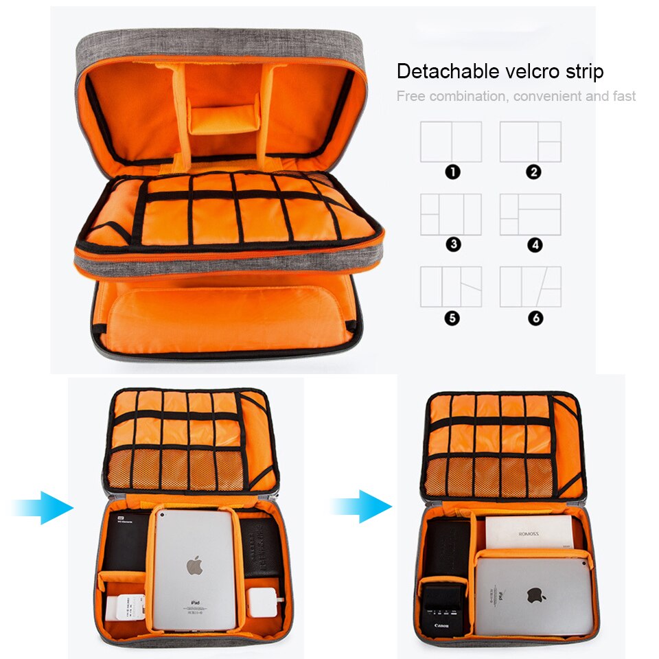 Bolsa de almacenamiento de accesorios electrónicos de doble capa habitación separada y tiras de separación estuche organizador portátil para iPad, discos duros, Cables,
