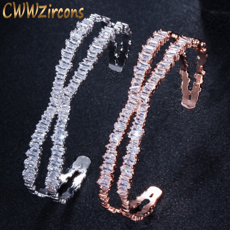 CWWZircons Brand Women Jewelry Stunning X Shape Big Rose Gold Color Cuff Bangle with Cubic Zirconia Stones BG003