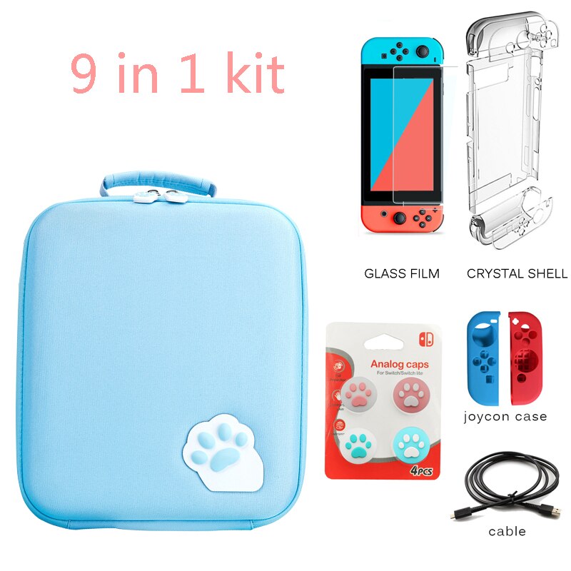 Bolsa de almacenamiento con garra de gato para Nintendo Switch, carcasa dura para consola NS: blue 9 in 1