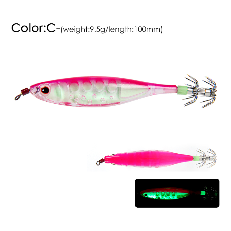 LETOYO-9,5g, 80mm,señuelo de pesca flotante, jibioneras, pajaritos pesca calamar, anzuelo de calamar, Jigging, gambas artificiales, luminoso, señuelos pulpo, sepia, para pesca en el mar, poteras calamar: C 9.5g 100mm