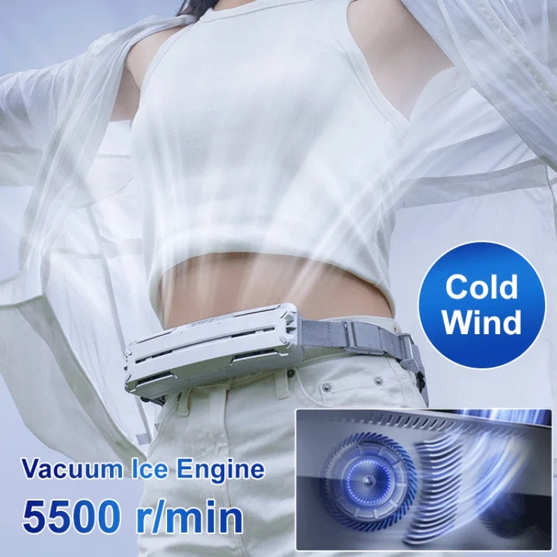 ventilador con cinturón de hielo de 2 colores, ventilador de cintura colgante portátil inteligente, Mini ventilador USB de refrigeración para deportes al aire libre, ventilador pequeño portátil, Enfriador de verano