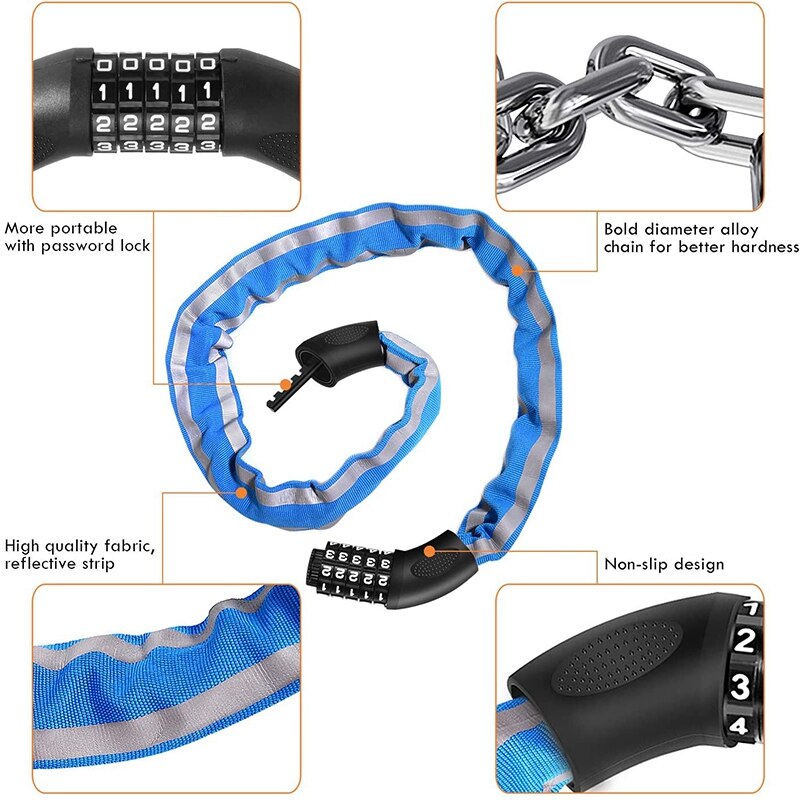 Bike Lock Combination 5 Digit, Cycle Chain Lock, Security Bicycle Chain Lock Heavy Duty Reflective Strips