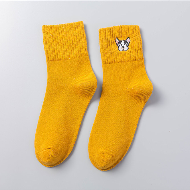 Chaozhu Vrouwen Leuke Franse Bulldog Borduren Grijs Groen Roze Zwart Geel Vijf Kleuren Katoen Breien Winter Herfst Warme Sokken: YELLOW