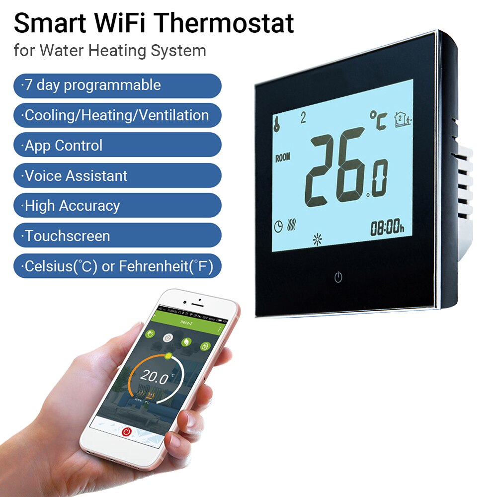 Thermostat Programmable Thermostat Water Heating System Smart Touchscreen Heat Only Thermostat for Water RecirculatingSystem: Black with WiFi