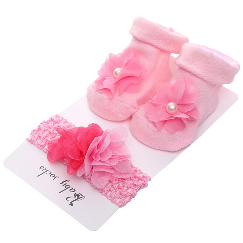 1Set Neugeborenen Baby Socken + Stirnband Set Spitze Große Blume Bögen Baby Mädchen Socken Stirnbänder Infant Kleinkind Boden Socken sokken: dark pink