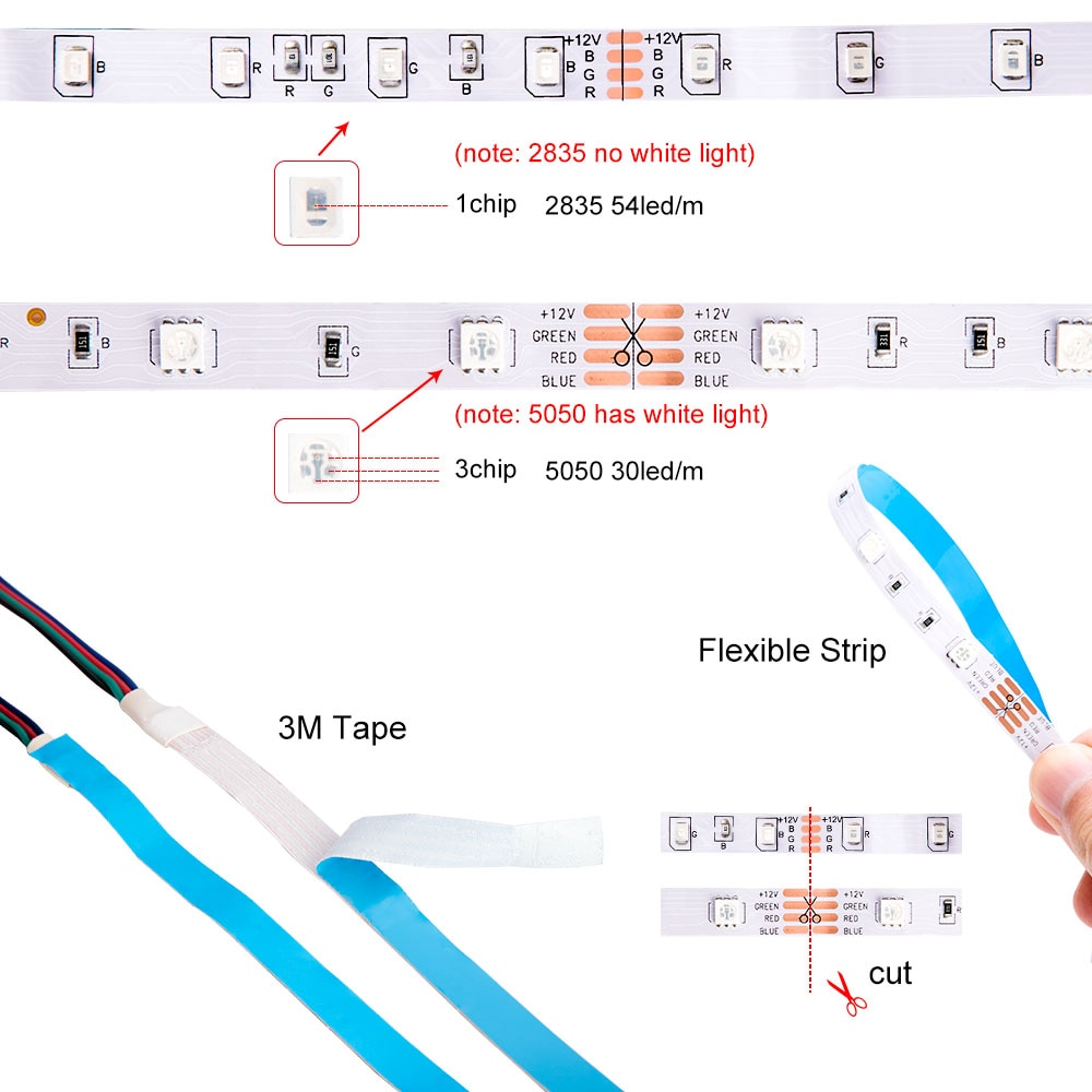 Led Strip Licht Rgb 5050 Smd 2835 Flexibele Lint Fita Led Light Strip Rgb 5M 10M 15M tape Diode Dc 12V + Afstandsbediening + Adapter