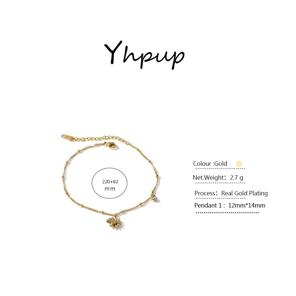 Yhpup Gold Bracelet Stainless Steel Jewelry Trendy Small Daisies Charm Barefoot Summer Chain Anklet for Women Girl