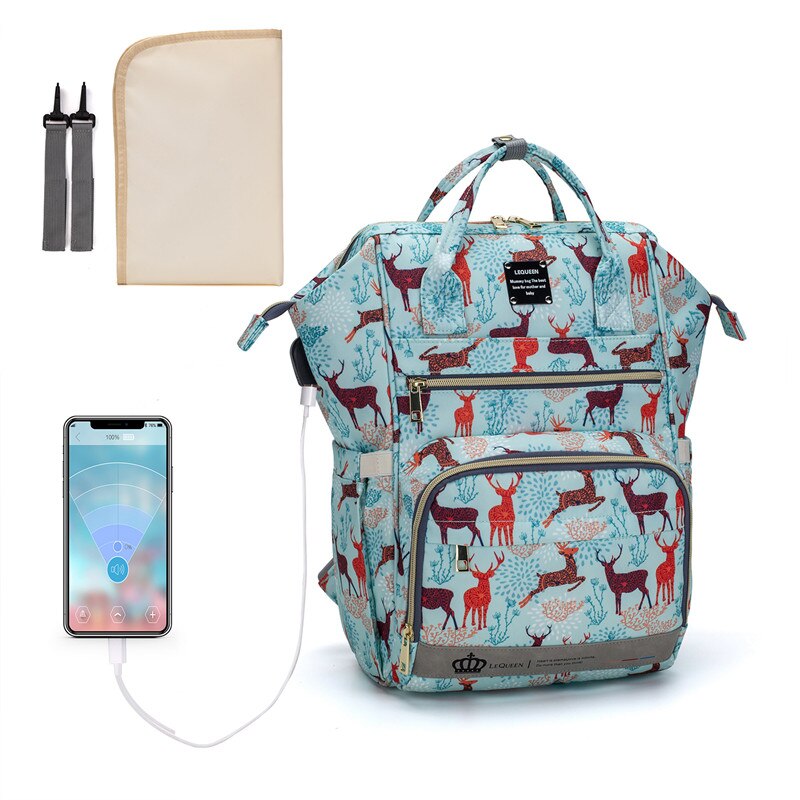 Lequeen – sacs à langer pour maman, sac à dos de voyage à motif animal, grande capacité, mise à jour, USB, LPB29: LPB29-deerblue(U2GP)